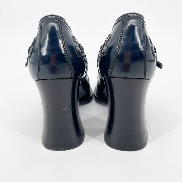 Vintage Prada 1996 Blue Leather Floral Appliqué Block Heel Mary Jane Pumps IT 39 - Picture 10 of 15